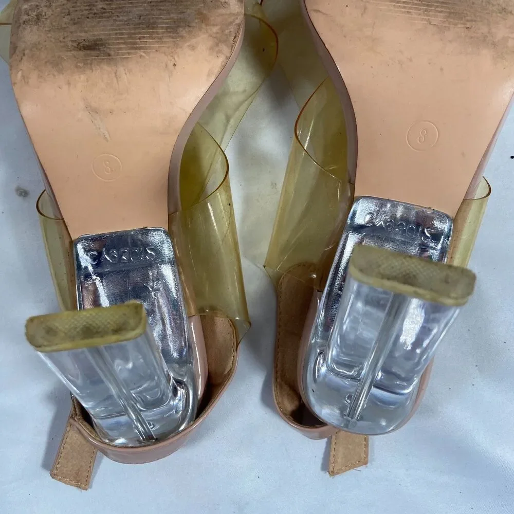 Qupid Womens 8 Nude Clear Strap Block Heel Sandals Pink Vinyl